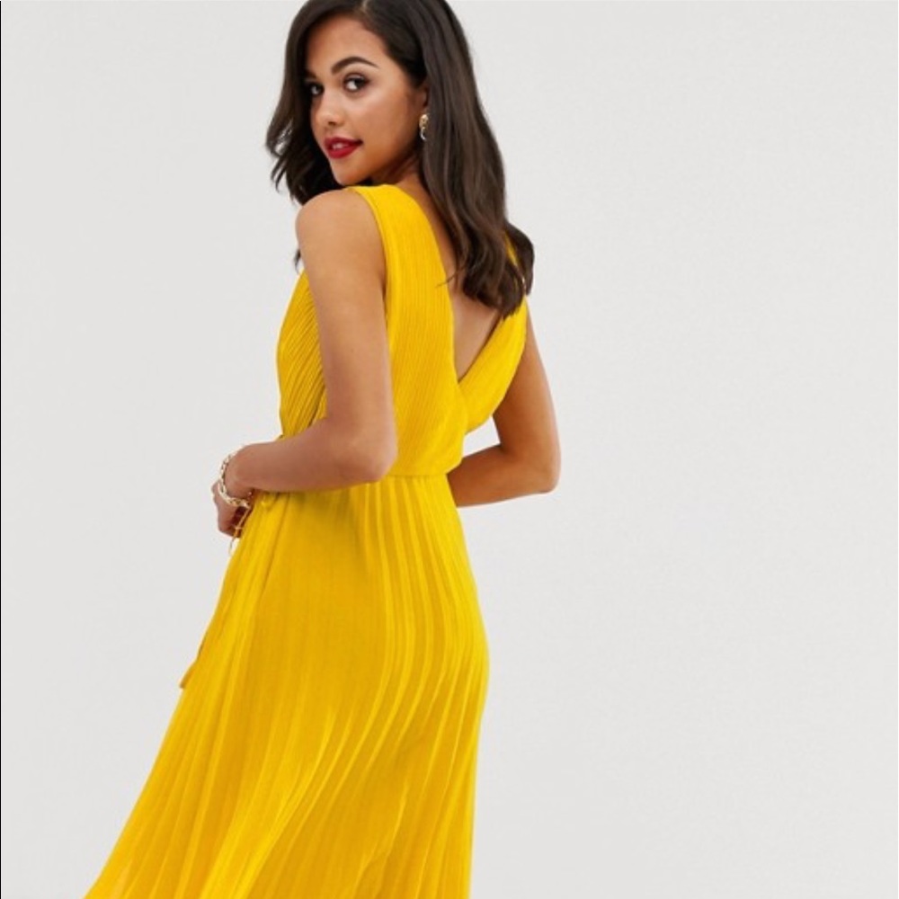 ASOS wrap top midi dress, tie waist, pleated skirt